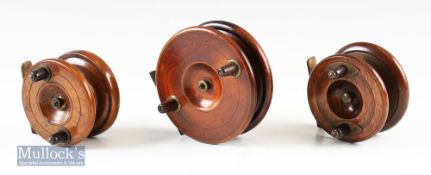3x Wood and Brass Nottingham reels to include 3 1/4” star back with brass back to drum^ optional