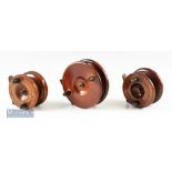 3x Wood and Brass Nottingham reels to include 3 1/4” star back with brass back to drum^ optional