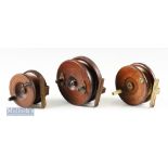 3x Wood and Brass Nottingham Star and Strap Back reels to include 3” Strap back^ 3 ½” Star back with