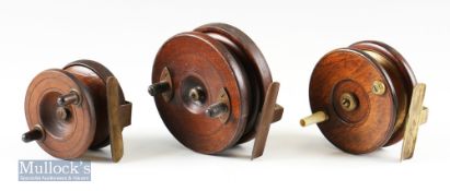 3x Wood and Brass Nottingham Star and Strap Back reels to include 3” Strap back^ 3 ½” Star back with
