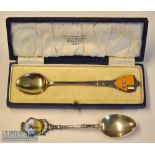 2x interesting Silver and enamel Golf Spoons – one with enamel finial mounted with Crown and
