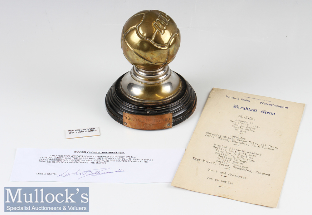 1954 Wolverhampton Wanderers v Honved Budapest Presentation Brass Ball Trophy presented to Leslie