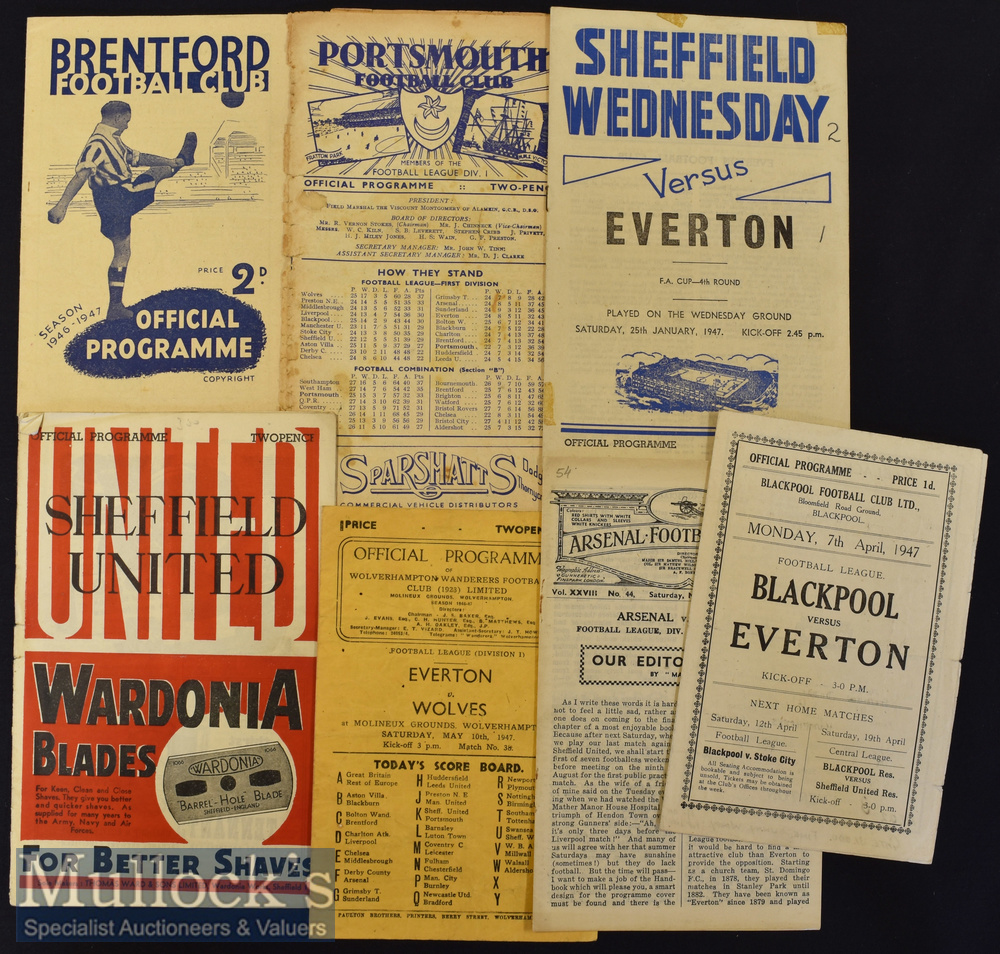 1946/47 Everton Away Football Programmes to include Blackpool^ Arsenal^ Wolverhampton Wanderers^