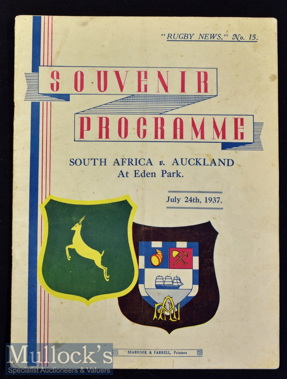 Scarce 1937 New Zealand v South Africa Rugby Programme: Issue from the deciding 3rd test^ won by the