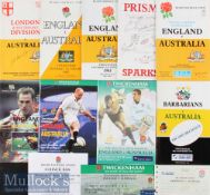 1967-2001 England etc v Australia Rugby Programmes (9): Many with ticket^ clipping or both^ all at