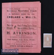 Rare 1914 England v Wales Schoolboy International Football Programme at Vetch Field^ Swansea^ date 7