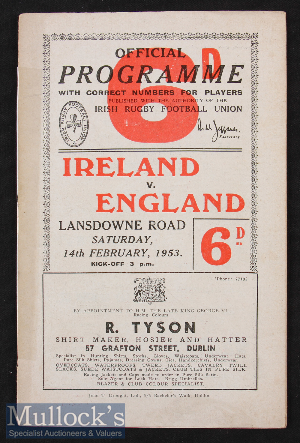1953 Ireland v England Rugby Programme: England^ Champions to be^ away at Dublin. The issue has