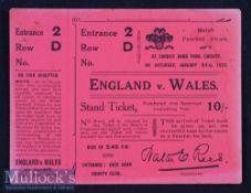 Wales v England Rugby Ticket 1922: 13cm x 10cm dark pink card 10/- Stand Ticket for this Cardiff