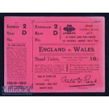 Wales v England Rugby Ticket 1922: 13cm x 10cm dark pink card 10/- Stand Ticket for this Cardiff