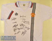 1074/75 Multi-Signed Manchester United Away Replica Football Shirt includes J. Nicholl^ A.