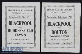 1945/46 Blackpool v Huddersfield Town Football Programme 24 Nov and v Bolton Wanderers 12 Sept^ both