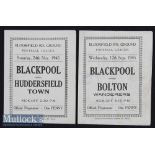 1945/46 Blackpool v Huddersfield Town Football Programme 24 Nov and v Bolton Wanderers 12 Sept^ both