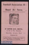 1944 Football Association XI v Royal Air Force Football Programme date 22 Jan at Ashton Gate^