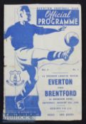 1946/47 Everton v Brentford Football Programme date 31 Aug at Goodison Park^ tears along centre