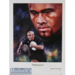 Rugby star the late Jonah Lomu New Zealand All Black colour print: approx 62cm x 48cm^ well framed &