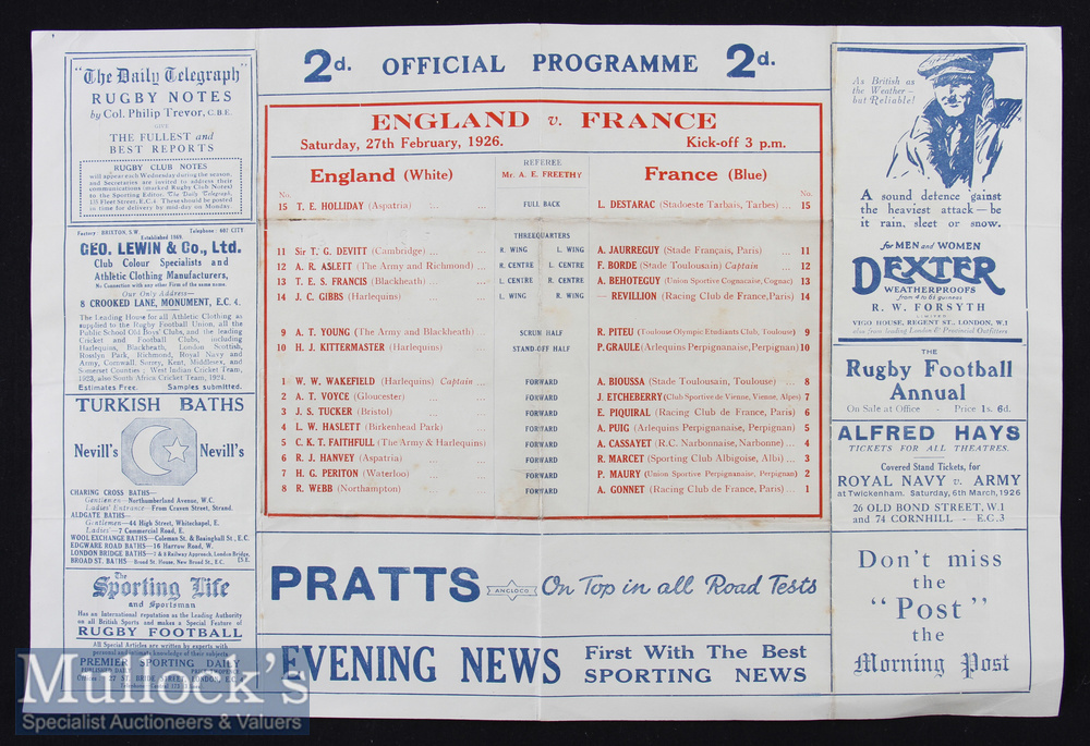 Rare 1926 England v France Rugby Programme: The large double sided ‘newspaper-style’ Twickenham