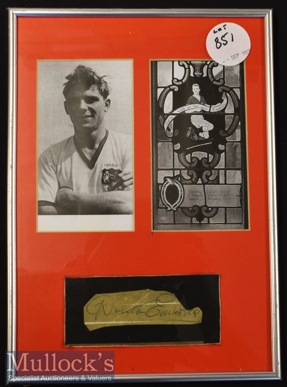 Duncan Edwards Signed Framed Display featuring a signed cutting below two prints^ framed^ measures