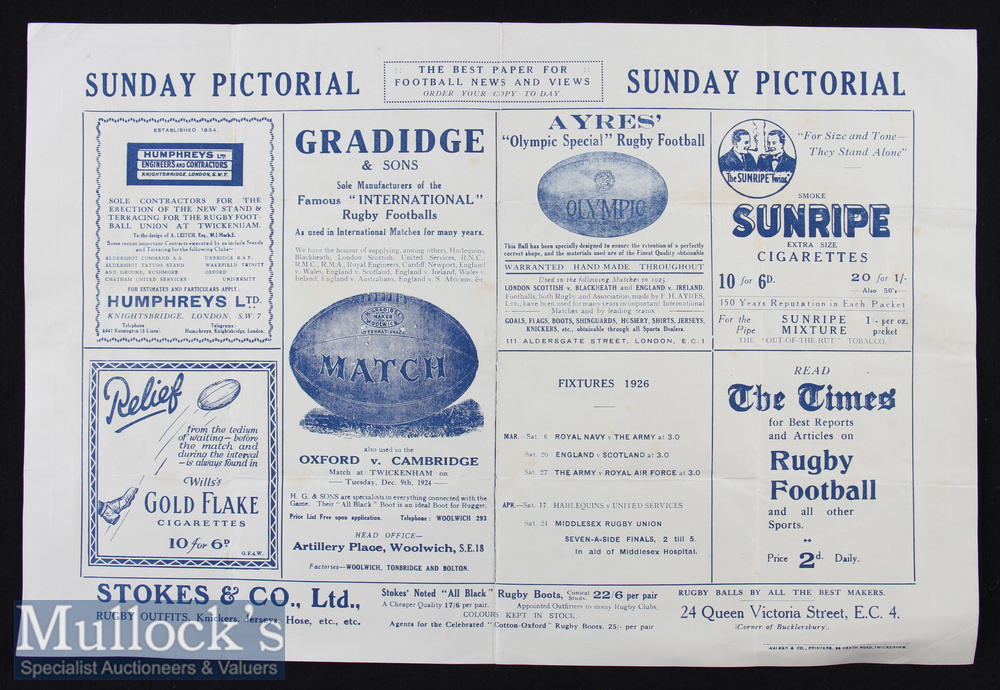 Rare 1926 England v France Rugby Programme: The large double sided ‘newspaper-style’ Twickenham - Image 2 of 2