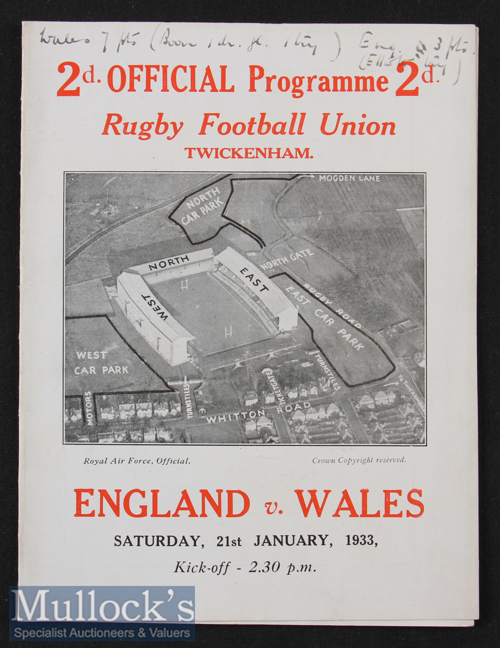 1933 England v Wales Rugby Programme: Famous first Welsh win at Twickenham^ 7-3. Score details