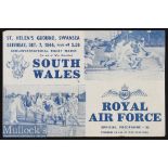 1944 Wartime South Wales v the RAF at Swansea Rugby Programme: Attractive and sought after 4pp