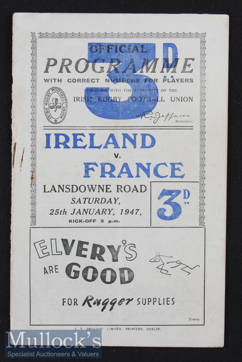 1947 Ireland v France Rugby Programme: Small staple rust mark and minor tear to top of rear cover^