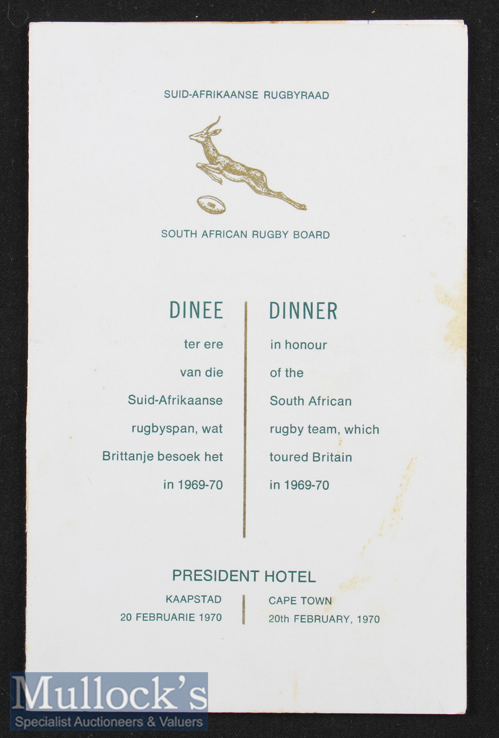 Rare 1970 Signed South African Springboks Rugby Dinner Menu: 4 pp fold over illustrated SARB card