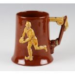 Fine Dartmouth Pottery Devon Handmade Rugby Tankard: (1pint) - brown^ decorated with gold rugby