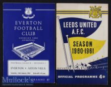 1960/61 Everton v Aston Villa football programme date 14 Jan together with Leeds United v Everton