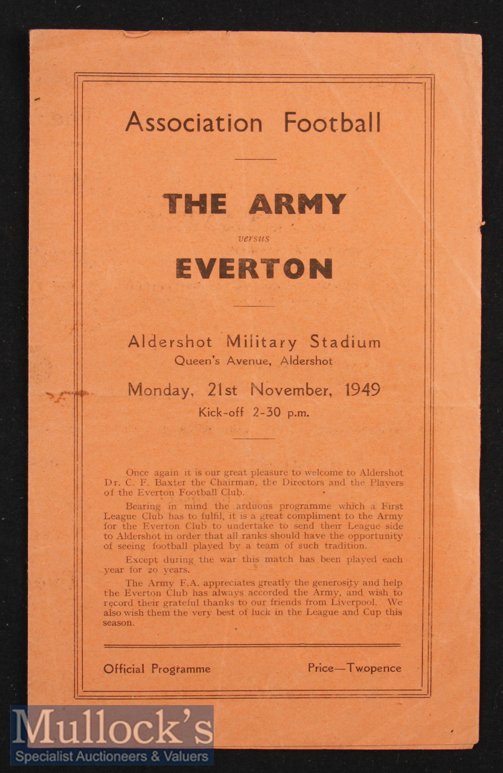 1949/50 The Army v Everton Football Programme date 21 Nov at Aldershot Military Stadium^ single