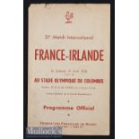Scarce 1958 France v Ireland Rugby Programme: Usual 4pp Colombes edition^ a tad ‘shreddy’ to the