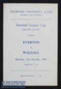1960/61 Football League Cup Everton v Walsall Football Programme date 31 Oct second round^ single