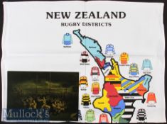 New Zealand Rugby Duo (2): Unused bright crisp very colourful linen tea cloth with New Zealand map