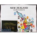 New Zealand Rugby Duo (2): Unused bright crisp very colourful linen tea cloth with New Zealand map