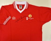 Bryan Robson^ Willie Morgan and Martin Buchan Signed Manchester United Football Shirts all