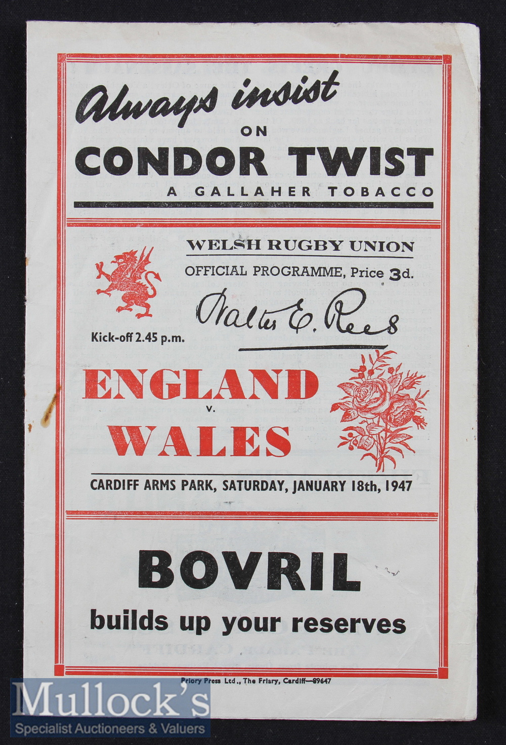 1947 Wales v England Rugby Programme: Those two sides shared the first post-war title. An 8pp