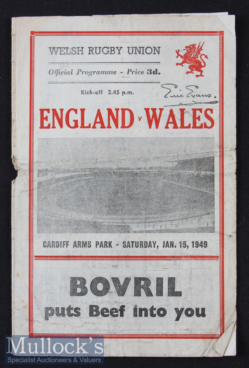 1949 Wales v England Rugby Programme: Well worn and grubby with slight internal tear but not a