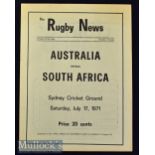 1971 Australia v South Africa 1st Test Rugby Programme: Springboks won the series 3-0. This is