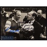 Uwe Seeler and Josef ‘Sepp’ Herberger Signed Photocard both in ink^ depicts shaking hands^