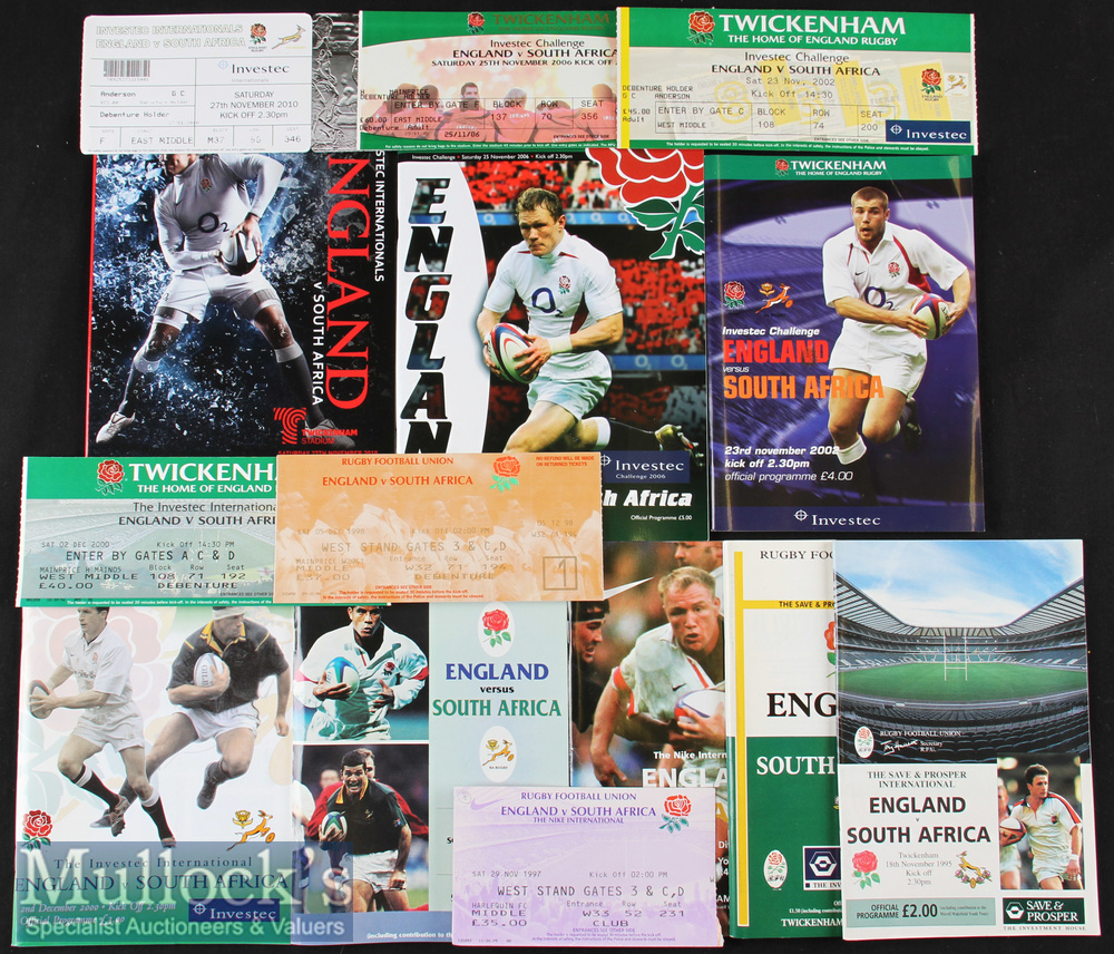 1992-2010 England v South Africa Rugby Programmes and tickets (8): Many with ticket^ clipping or