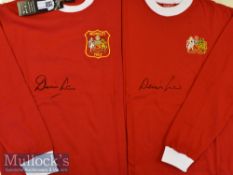 2x Denis Law Signed Manchester United Football Shirts both red^ replica shirts^ signed in ink to the