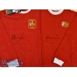 2x Denis Law Signed Manchester United Football Shirts both red^ replica shirts^ signed in ink to the