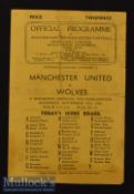 1946/47 Wolverhampton Wanderers v Manchester United Football Programme date 30 Nov^ team changes^