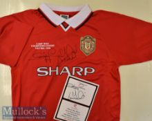 Dwight Yorke and Andy Cole Signed Replica 1999 Manchester United Football Shirt plus signed An