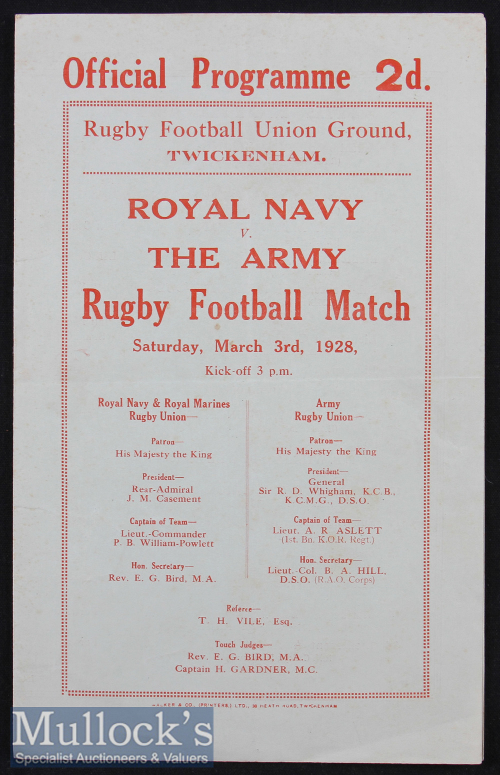 1927-8 Royal Navy v Army Rugby Programme: Many caps in this March 1928 Twickenham Services clash