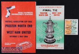 1964 FA Cup Final Preston NE v West Ham United Football Programme and Match Ticket date 2 May