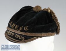 1899 Rugby Honours Cap: ARRFC and 1899-1900 to peak in fading gold on dark navy blue cap by
