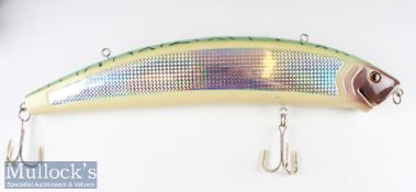 Lure Shop Display: Large green and yellow silver bait example with 2x large treble hooks – overall