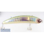 Lure Shop Display: Large green and yellow silver bait example with 2x large treble hooks – overall