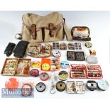 Good Brady canvas and leather Fishing Tackle Bag, Treasure Trove of Flies and fly boxes, Fishing