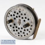 Hardy Bros Alnwick Eureka 3 ½” narrow drum trotting reel brass ribbed foot, NMH 5 marked internally,